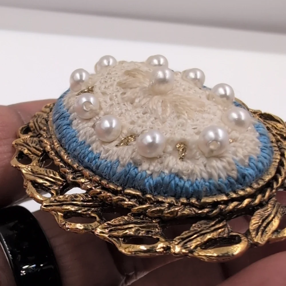 Vintage Gold Tone Crochet & Faux Pearl Oval Brooch | Victorian Revival